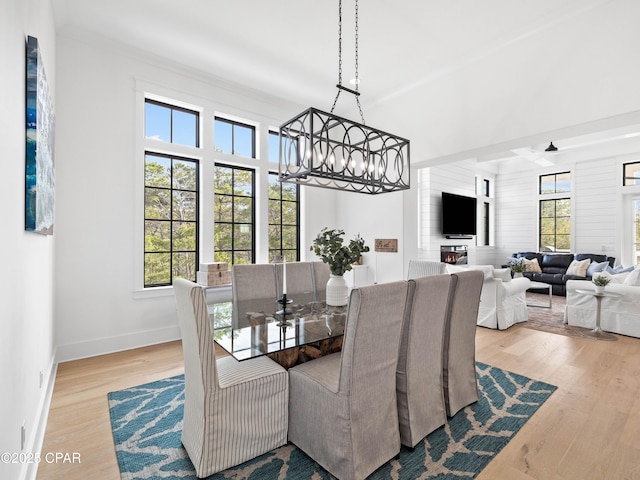 dining area with baseboards, a chandelier, and wood finished floors