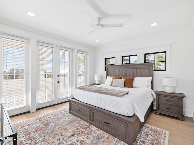 bedroom featuring light wood-style floors, recessed lighting, access to outside, and a ceiling fan