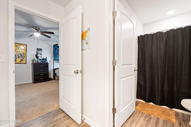 3946 Whitehead Blvd, Panama City, FL 32404 - full bath featuring wood finished floors, baseboards, ceiling fan, and a shower with curtain