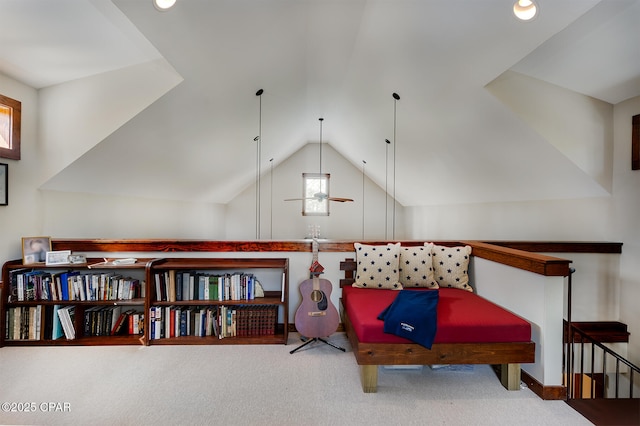 sitting room featuring recessed lighting, vaulted ceiling, and carpet