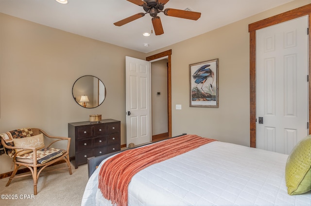 bedroom with a ceiling fan, recessed lighting, and light colored carpet
