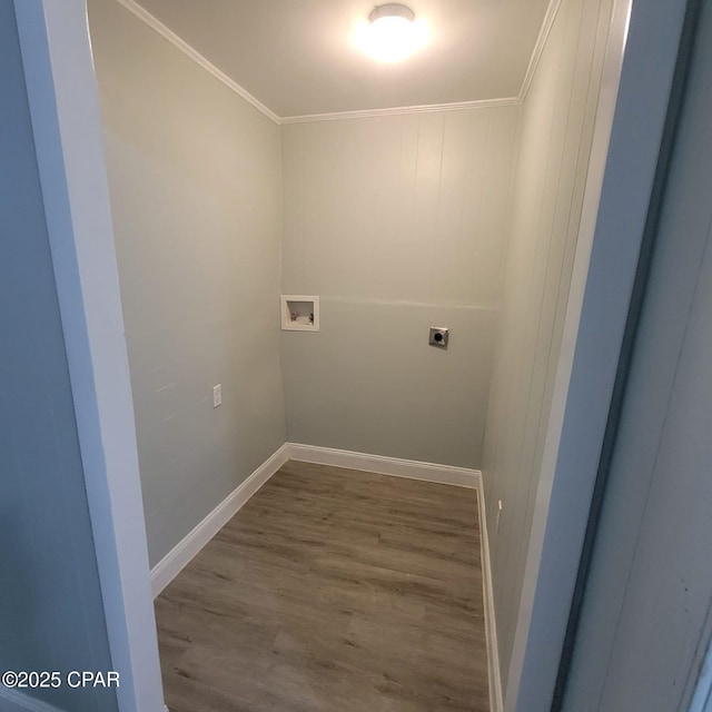 washroom with laundry area, wood finished floors, ornamental molding, electric dryer hookup, and washer hookup