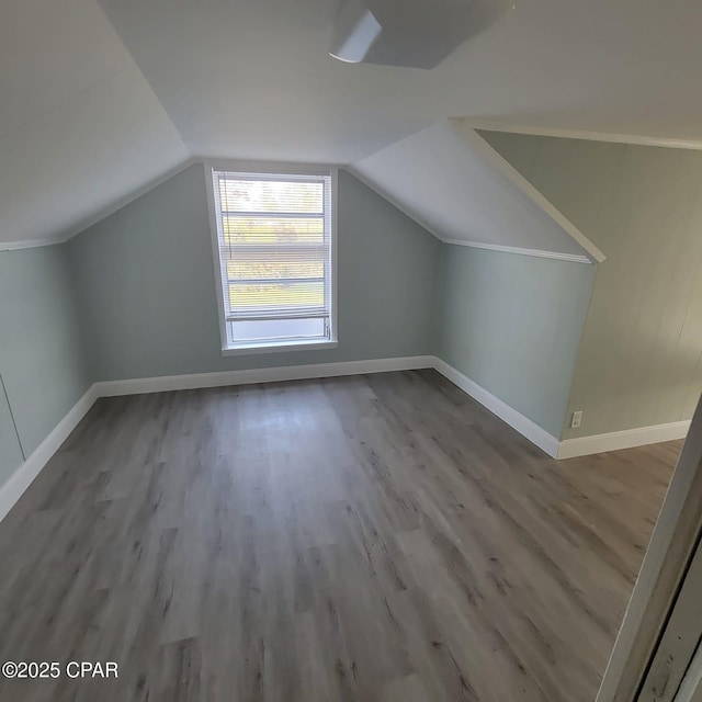 additional living space with baseboards, lofted ceiling, and wood finished floors