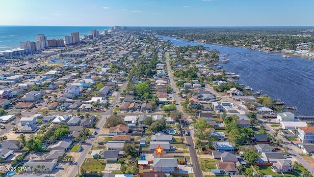 bird's eye view with a residential view and a water view