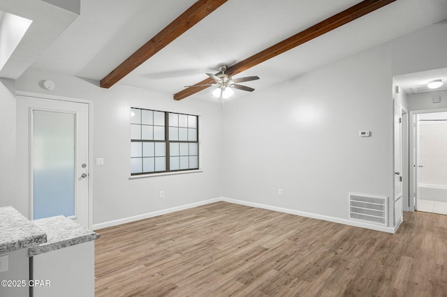 unfurnished living room featuring beamed ceiling, visible vents, light wood finished floors, and a ceiling fan