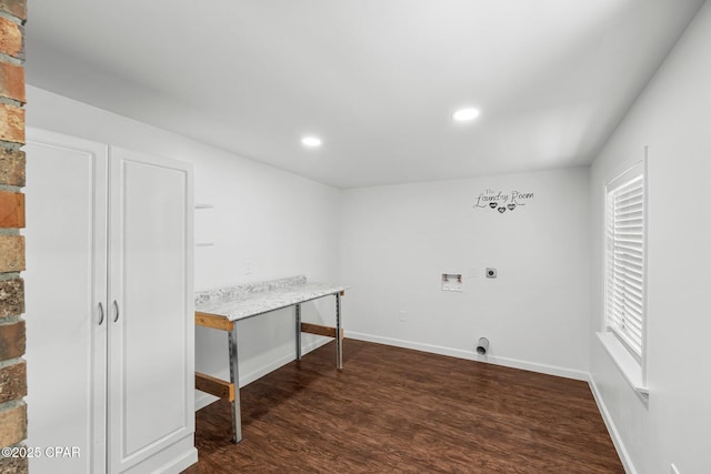washroom with wood finished floors, hookup for a washing machine, hookup for an electric dryer, laundry area, and recessed lighting
