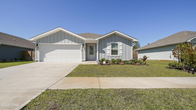 single story home with concrete driveway, board and batten siding, an attached garage, and a front yard