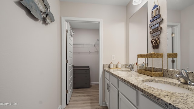 full bathroom featuring double vanity, a spacious closet, a sink, and wood finished floors