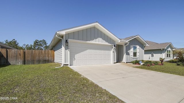 ranch-style home featuring fence, a front lawn, a garage, board and batten siding, and driveway