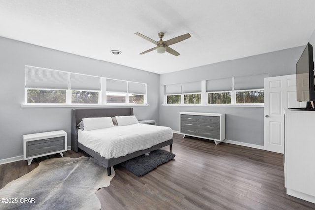 bedroom featuring wood finished floors, baseboards, and multiple windows