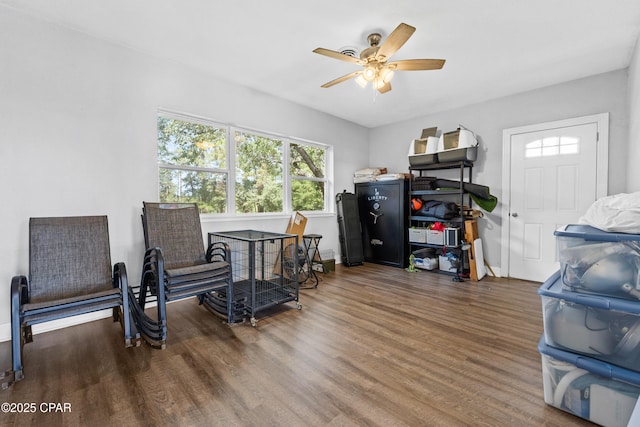 interior space with a healthy amount of sunlight, wood finished floors, and ceiling fan