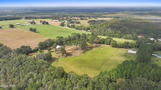 birds eye view of property with a forest view and a rural view