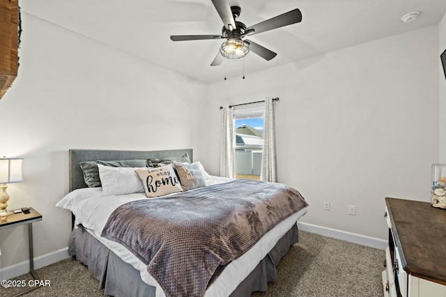 bedroom featuring a ceiling fan, baseboards, and carpet
