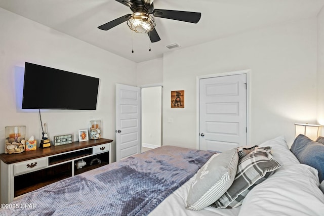 bedroom with ceiling fan and visible vents