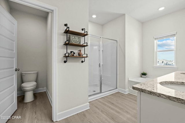full bathroom with vanity, wood finished floors, toilet, baseboards, and a stall shower