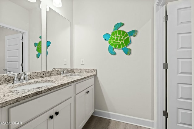 bathroom with a sink, baseboards, double vanity, and wood finished floors