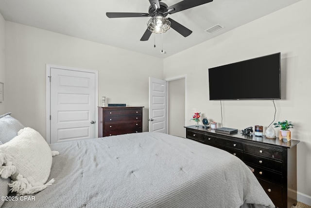 bedroom featuring ceiling fan, visible vents, and baseboards