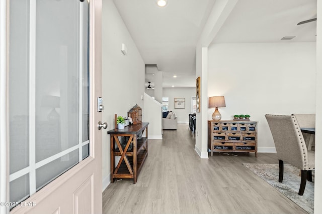 entryway with recessed lighting, a ceiling fan, baseboards, and wood finished floors