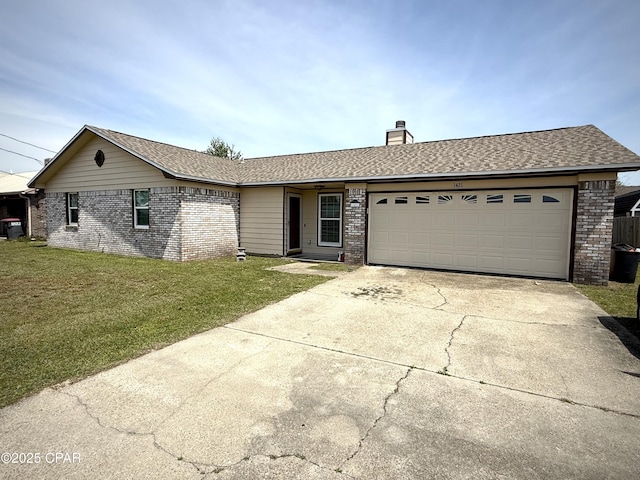 1421 S Berthe Ave, Panama City, FL 32404 - ranch-style home featuring an attached garage, brick siding, a front yard, a chimney, and driveway