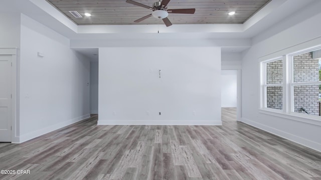 1113 New Hampshire Ave, Lynn Haven, FL 32444 - unfurnished room with ceiling fan, a tray ceiling, baseboards, wood ceiling, and wood finished floors