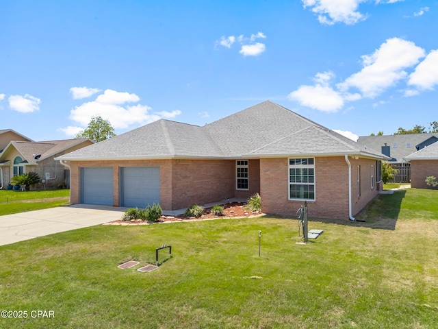 ranch-style house featuring a garage, driveway, a front lawn, and brick siding