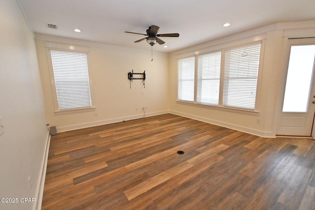 3116 Veranda Ave, Panama City, FL 32405 - spare room featuring ceiling fan, baseboards, dark wood-style flooring, visible vents, and recessed lighting