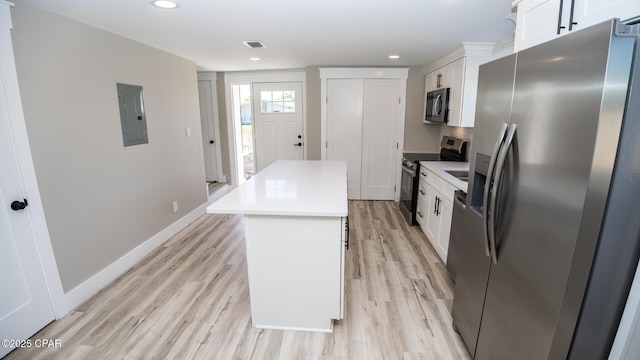 6401 Chipewa St, Panama City, FL 32404 - kitchen with light wood-style floors, white cabinets, a kitchen island, electric panel, and stainless steel appliances