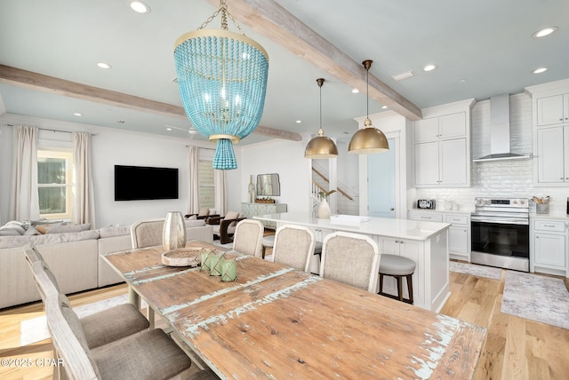20405 Front Beach Rd, Panama City Beach, FL 32413 - dining area featuring beam ceiling, light wood-type flooring, a chandelier, and recessed lighting