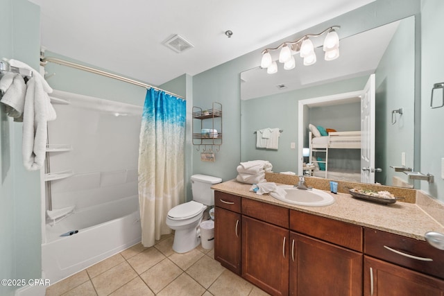 bathroom with tile patterned floors, visible vents, toilet, vanity, and shower / tub combo