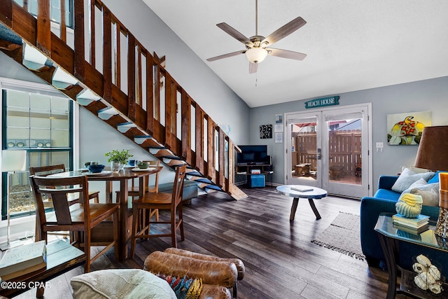 17462 Front Beach Rd Unit 33D, Panama City Beach, FL 32413 - living area featuring french doors, a ceiling fan, wood finished floors, and stairs