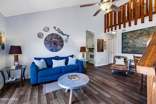 17462 Front Beach Rd Unit 33D, Panama City Beach, FL 32413 - living area featuring visible vents, baseboards, a ceiling fan, wood finished floors, and high vaulted ceiling