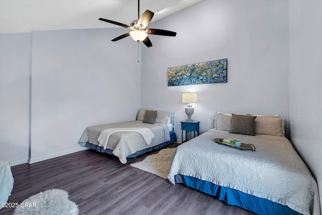 17462 Front Beach Rd Unit 33D, Panama City Beach, FL 32413 - bedroom featuring high vaulted ceiling, wood finished floors, a ceiling fan, and baseboards