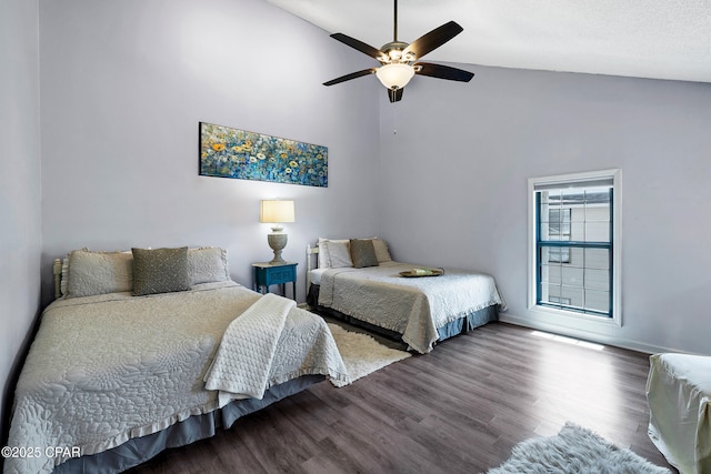 17462 Front Beach Rd Unit 33D, Panama City Beach, FL 32413 - bedroom with baseboards, wood finished floors, a ceiling fan, and high vaulted ceiling