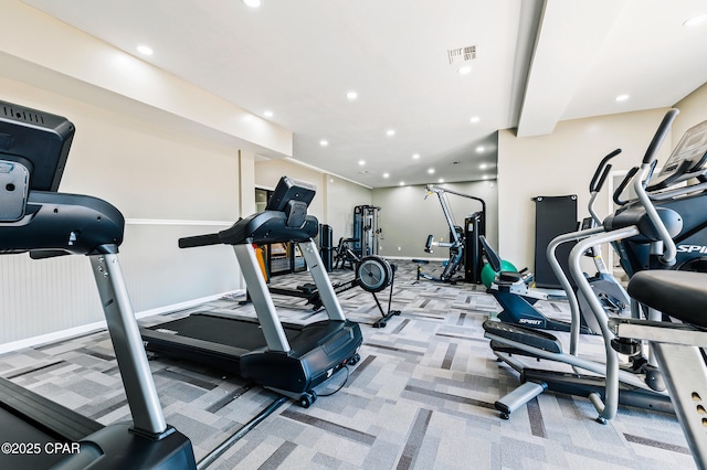 17462 Front Beach Rd Unit 33D, Panama City Beach, FL 32413 - gym with recessed lighting, visible vents, and carpet