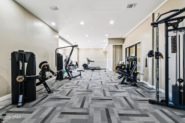 17462 Front Beach Rd Unit 33D, Panama City Beach, FL 32413 - gym featuring baseboards, carpet floors, visible vents, and recessed lighting