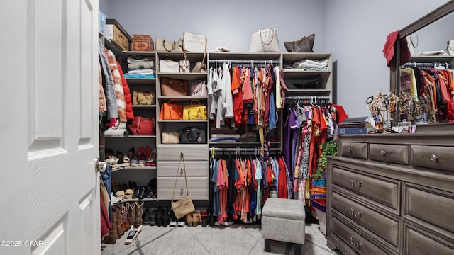 walk in closet with carpet floors