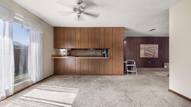 kitchen with carpet flooring, a sink, visible vents, a ceiling fan, and wooden walls