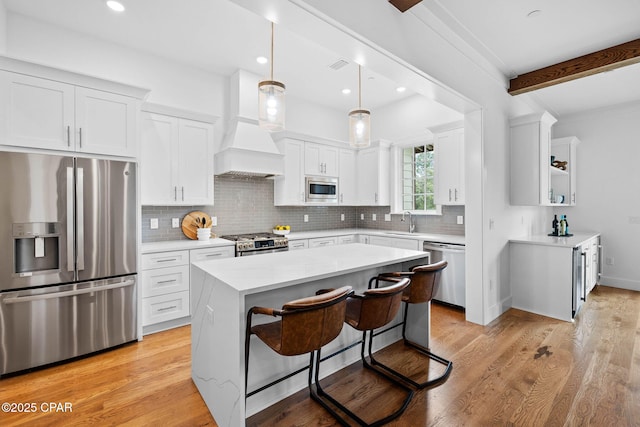 1502 Match Point Ln Unit 402, Panama City Beach, FL 32413 - kitchen featuring stainless steel appliances, custom range hood, white cabinets, tasteful backsplash, and beamed ceiling