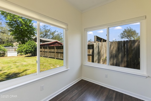 spare room featuring dark wood finished floors, baseboards, and plenty of natural light