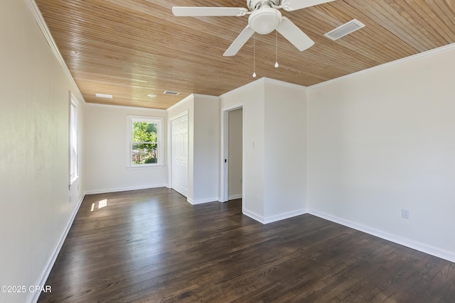unfurnished room with wood ceiling, a ceiling fan, visible vents, and ornamental molding