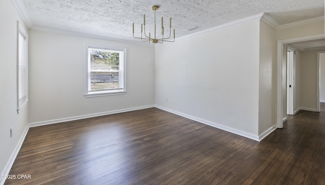 spare room featuring ornamental molding, baseboards, a chandelier, a textured ceiling, and dark wood-style flooring