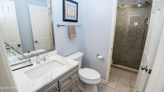 full bath with tile patterned floors, vanity, a shower stall, and toilet