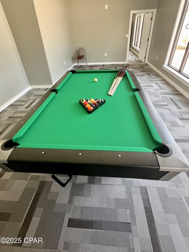 game room featuring carpet floors, pool table, and baseboards