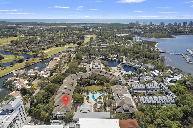 9300 Baytowne Wharf Blvd Unit 528/530, Miramar Beach, FL 32550 - aerial view of property's location featuring a large body of water, nearby suburban area, and a pool