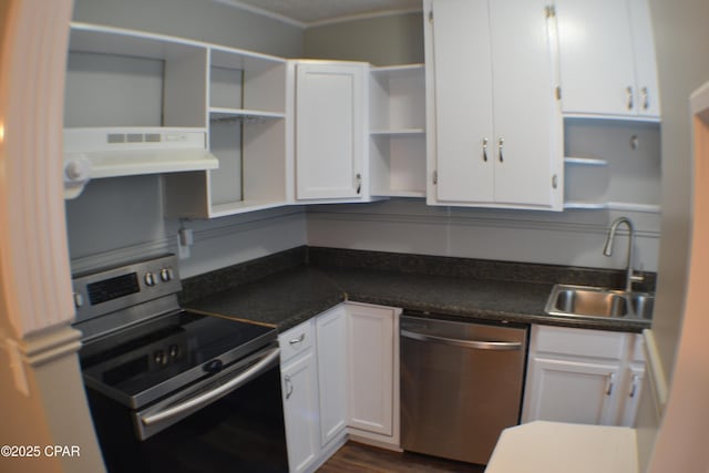 kitchen with stainless steel appliances, a sink, white cabinetry, open shelves, and under cabinet range hood