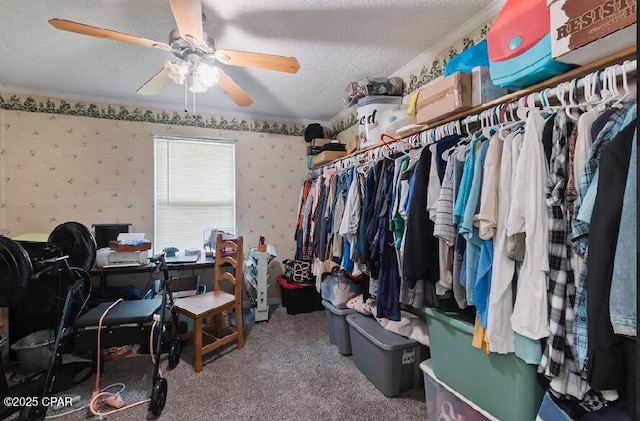 spacious closet with carpet flooring and ceiling fan