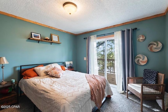 bedroom with crown molding, carpet flooring, access to exterior, and a textured ceiling