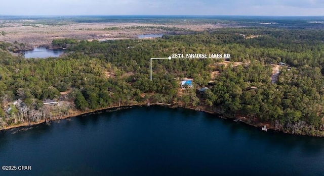 aerial view featuring a water view and a wooded view