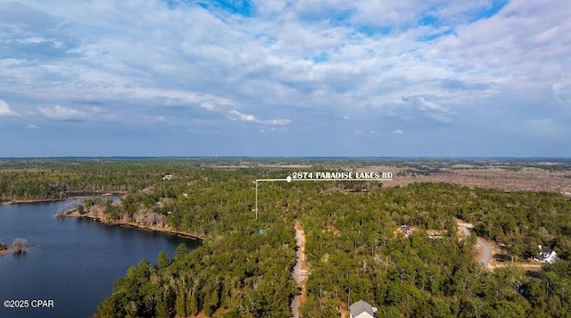 drone / aerial view with a view of trees and a water view