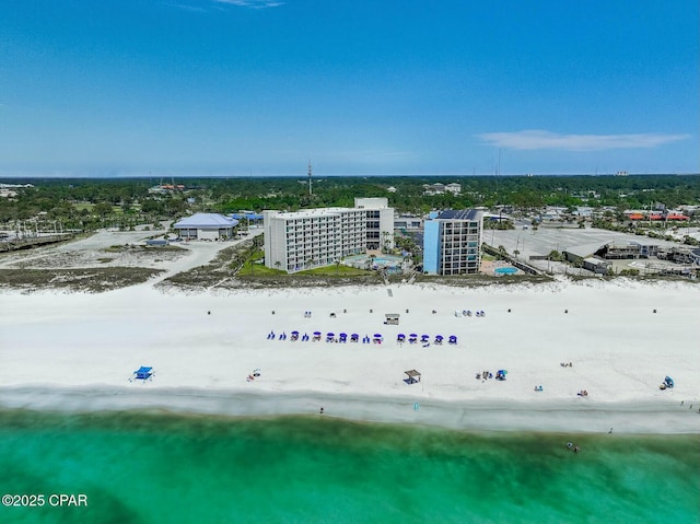 bird's eye view with a view of the beach and a water view